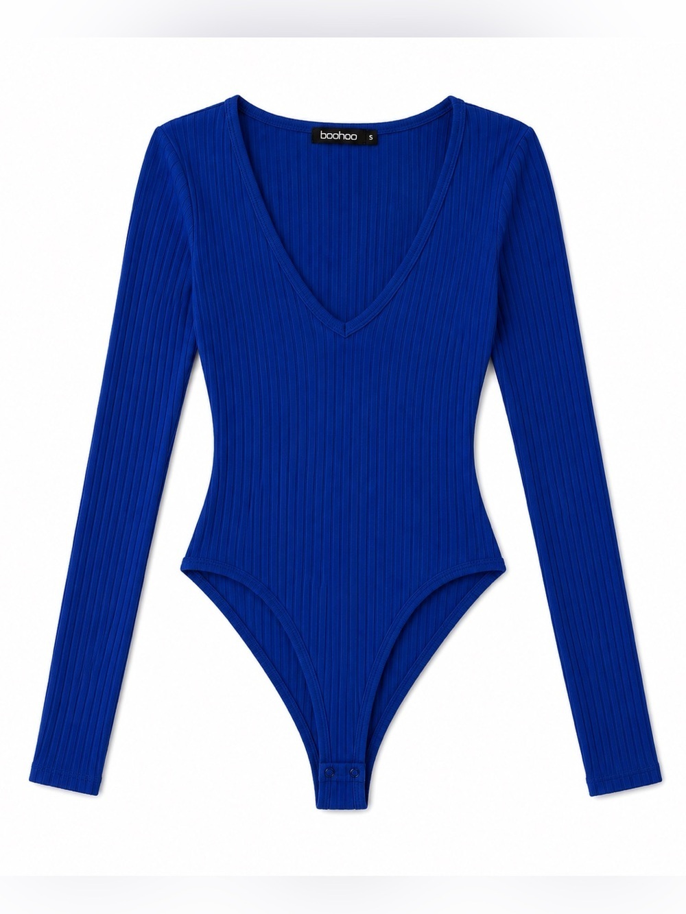 BLUE LONG SLEEVE RIBBED BOOHOO BODYSUIT